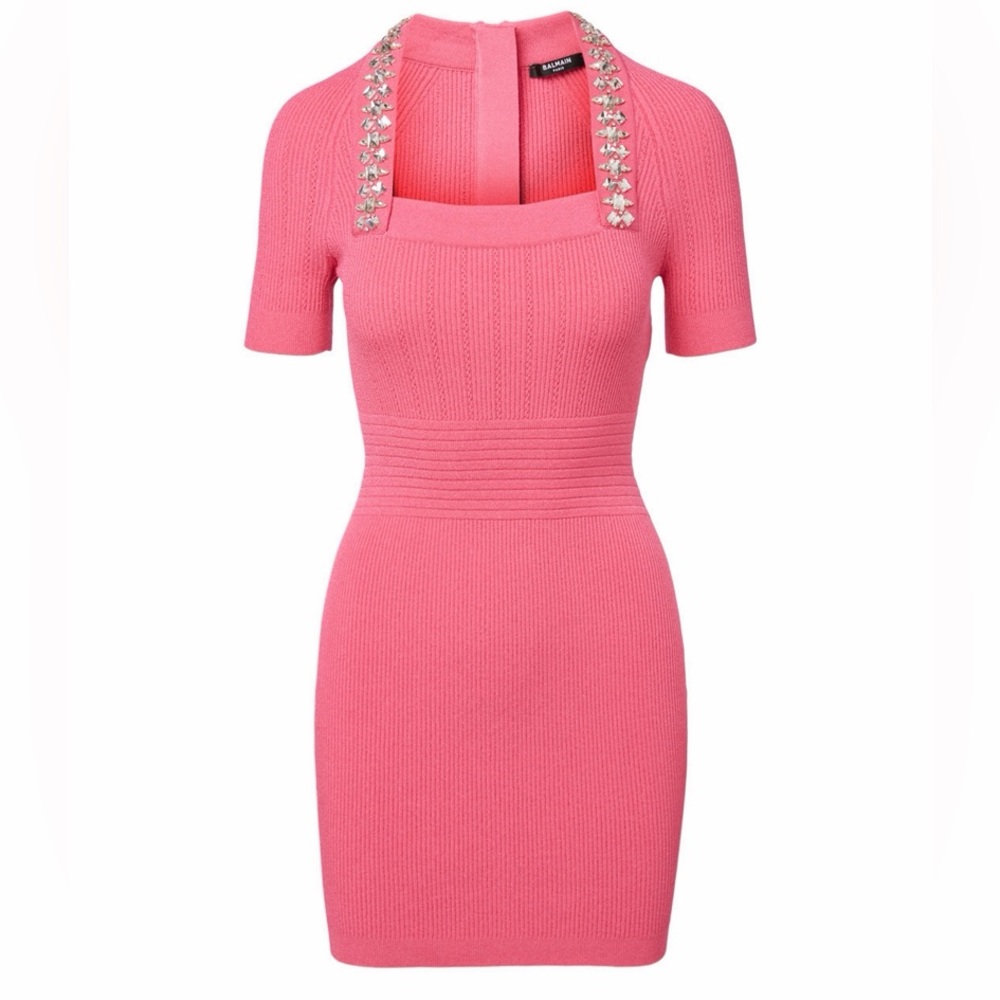Balmain crystal-embellished ribbed stretch-knit mini dress in pink❤️‍🔥size 46